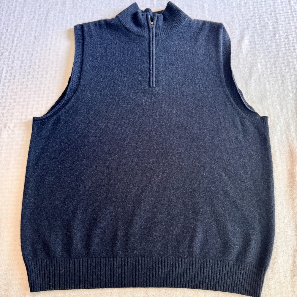 Glen Lyon Mens 100% Cashmere Quarter Zip‎ Sweater Vest Navy Blue Lg Hole Repair